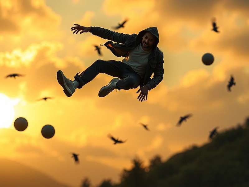 A Fall Guys bean character tumbling through the air in a chaotic race