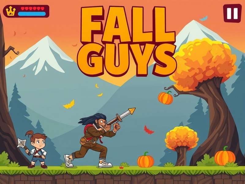 A vibrant crowd of Fall Guys characters with different costumes racing through a colorful obstacle course