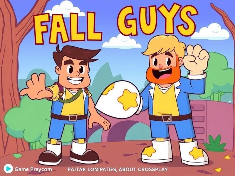 Fall Guys characters from different platforms playing together in a colorful obstacle course