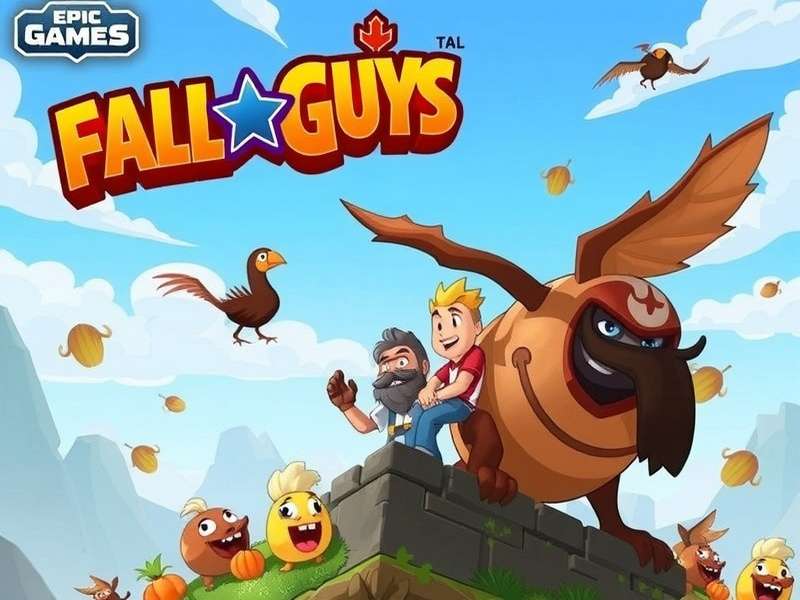 Fall Guys characters racing through an obstacle course with the Epic Games Launcher interface visible on a monitor