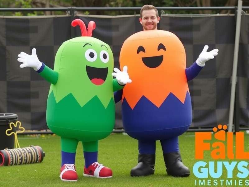 Three fans wearing custom Fall Guys inflatable costumes at a gaming convention, showing off colorful bean designs.