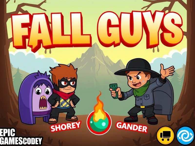 Fall Guys battle royale arena with colorful obstacles and jellybean characters competing in a vibrant stadium